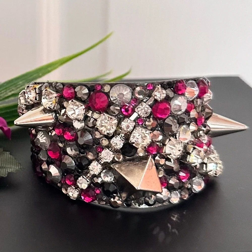 CUFF BRACELET ~ Studded Pink Silver Gray and Black Cuff w/Swarovski Crystals
